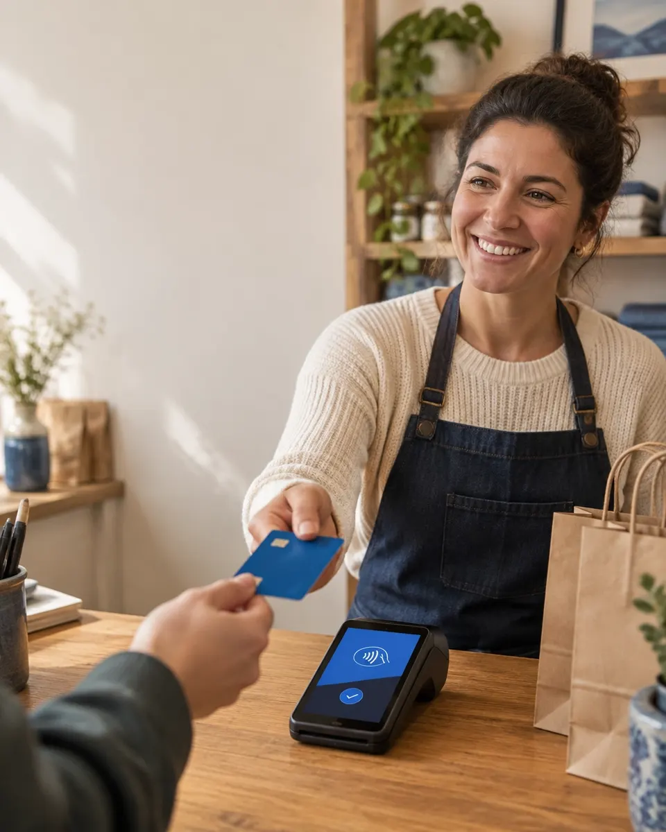 Small-business owner handing a payment card to a customer at a shop counter beside a Cresipay terminal