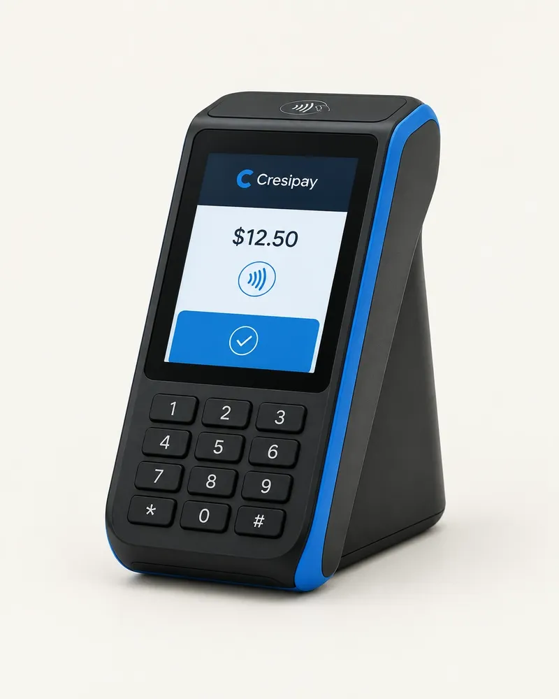Cresipay countertop POS terminal with a blue and black payment screen