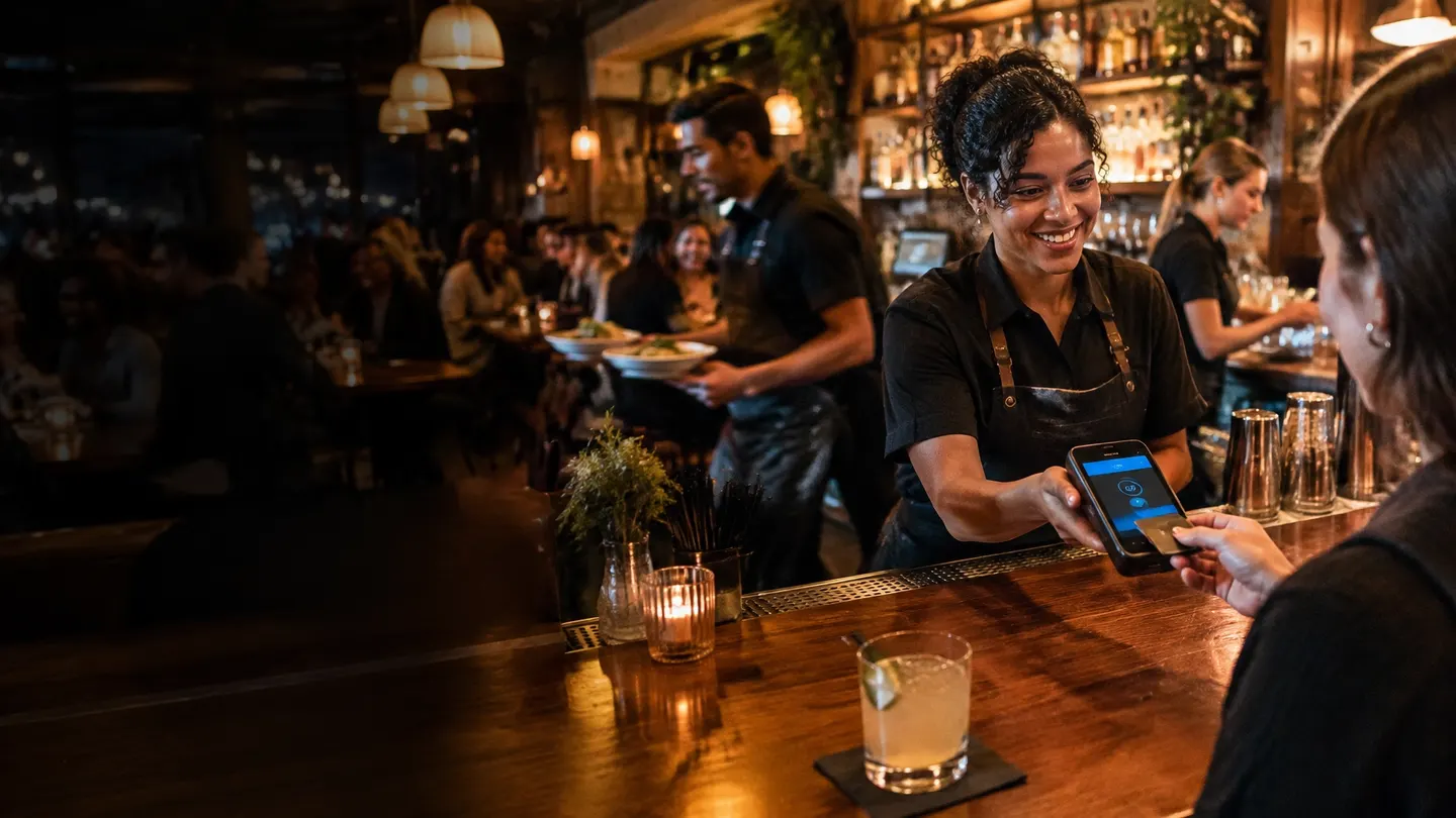 Busy restaurant and bar at peak service with a staff member handing a Cresipay terminal to a guest