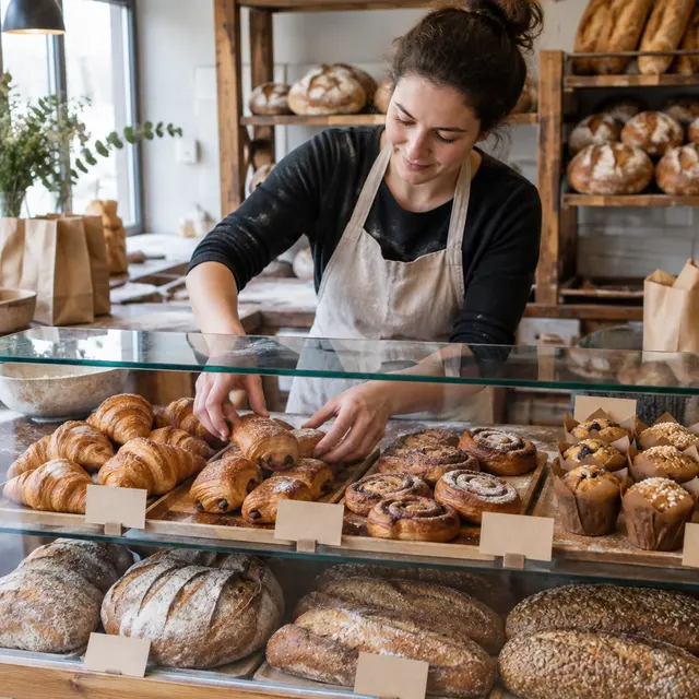 Baker arranging fresh bread and pastries in a bakery display