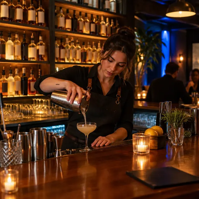 Bartender preparing a drink at a busy independent bar