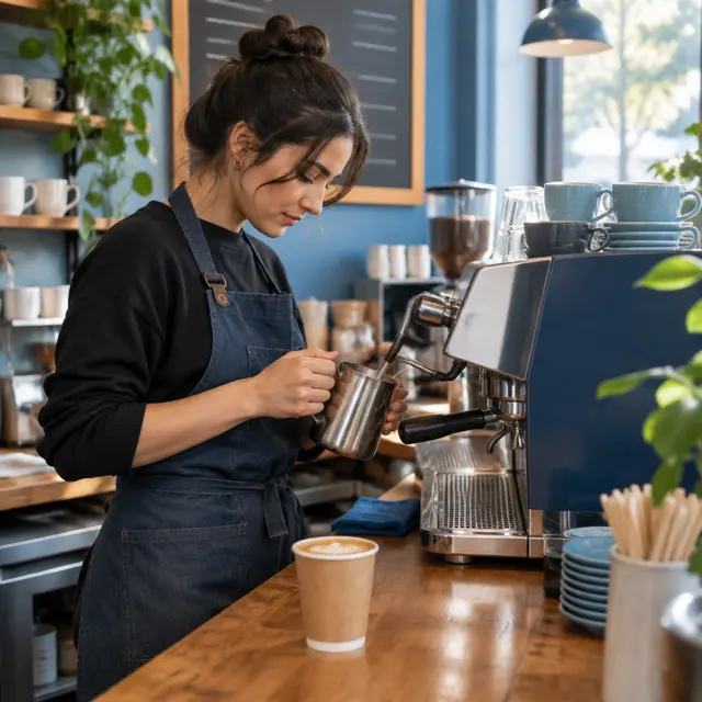 Barista steaming milk beside an espresso machine in a coffee shop
