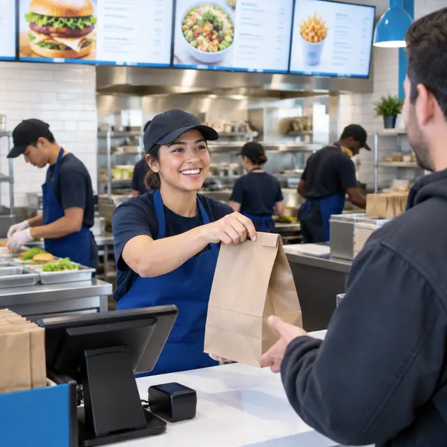 Counter-service staff assembling an order during a fast-food lunch rush