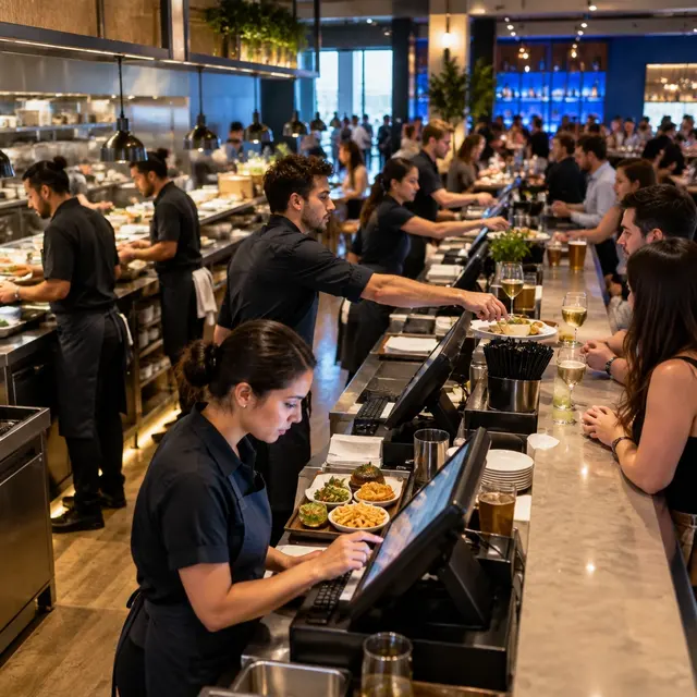 Hospitality staff coordinating a fast-moving high-volume service counter