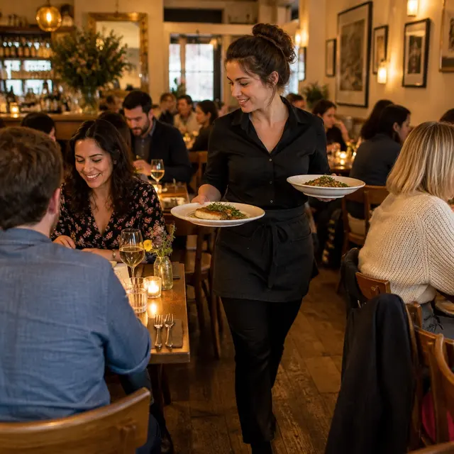 Server carrying plated food through a lively restaurant