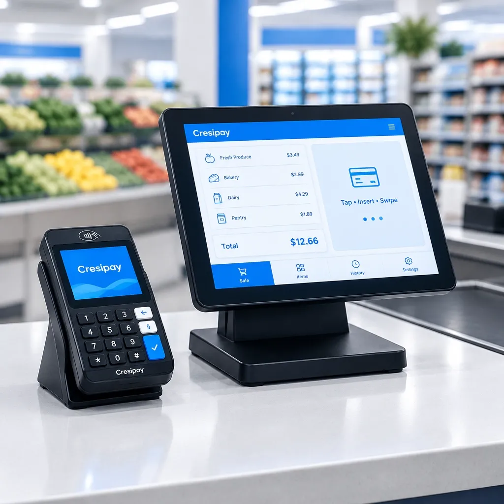 Cresipay POS screen and payment terminal at a supermarket checkout